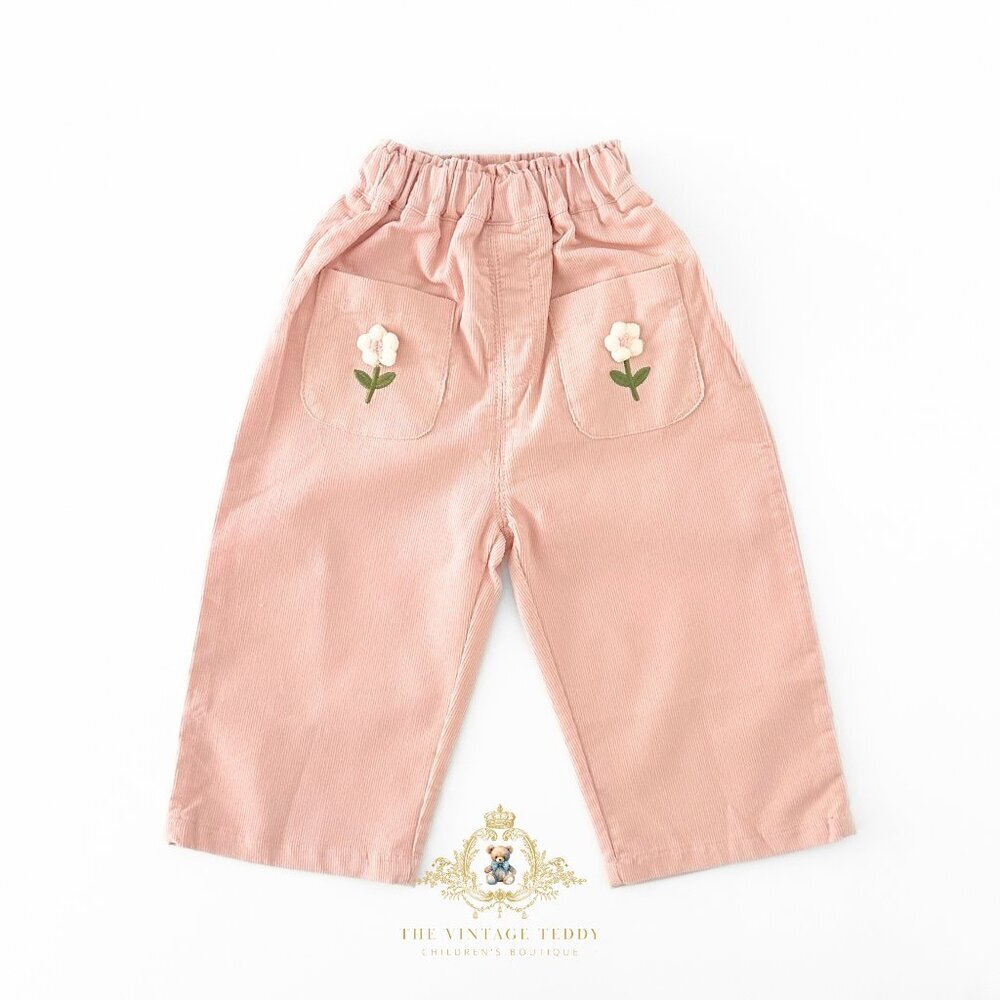 NWT Cute Girls Corduroy Pants Sweet Embroidered Flower Elastic Waist Pink 9-12M - Picture 1 of 4